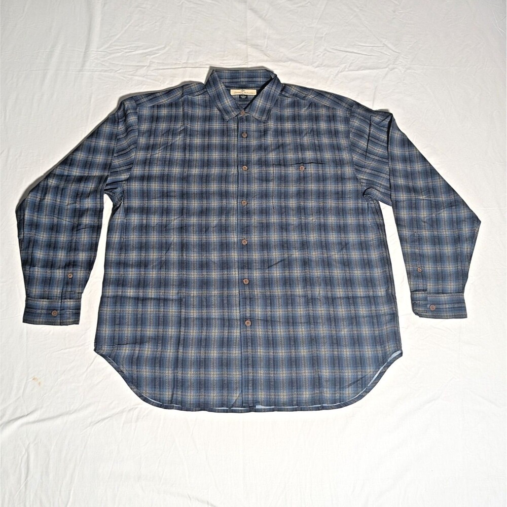 Tommy Bahama Men's Blue Gold Striped Plaid Long Sleeve Button Down Shirt Large